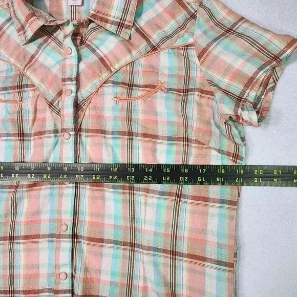 PINK Cattlelac Women's Western Short Sleeve L Peach Plaid Snaps Cowgirl Rodeo‎ - Picture 10 of 15